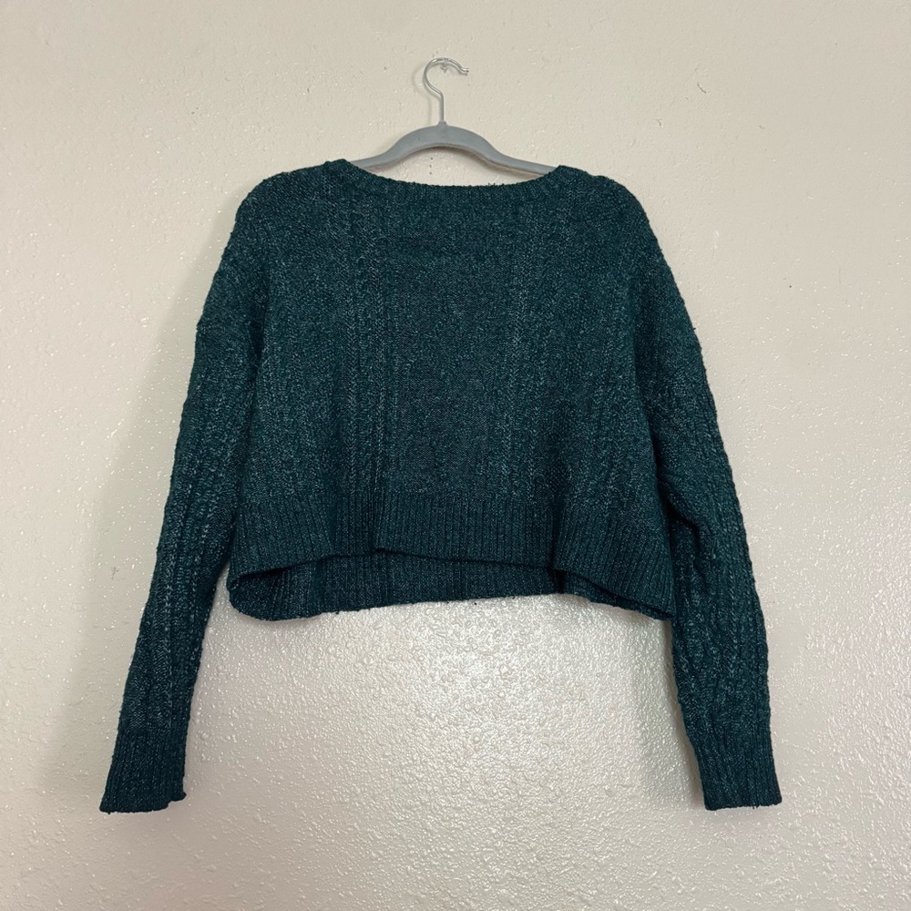 American Eagle Forest Green Henley Cropped Sweater - Picture 2 of 5